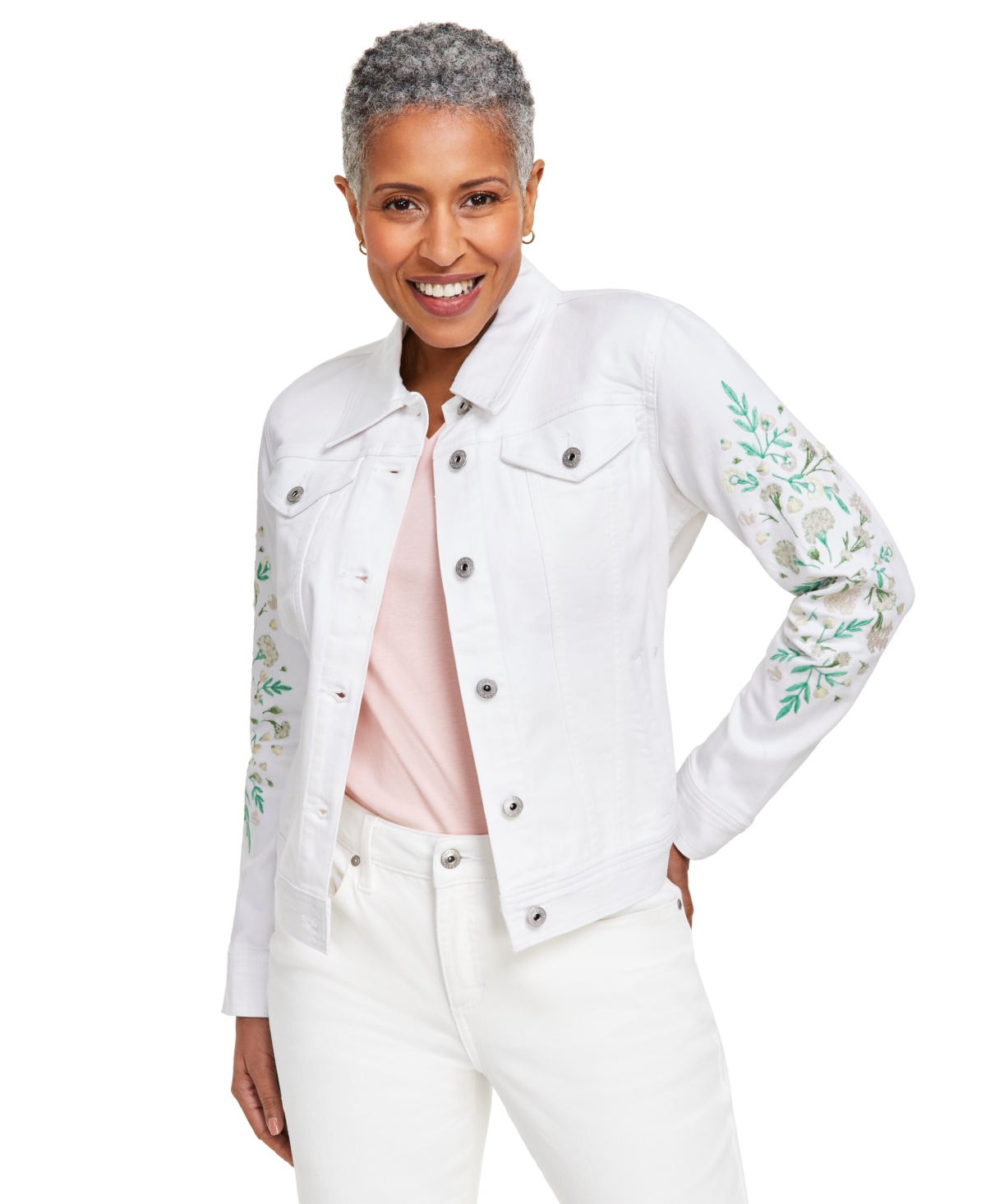 Shop Style & Co Women's Embroidered Classic Denim Jacket, Created For Macy's In Lola Emb Bw