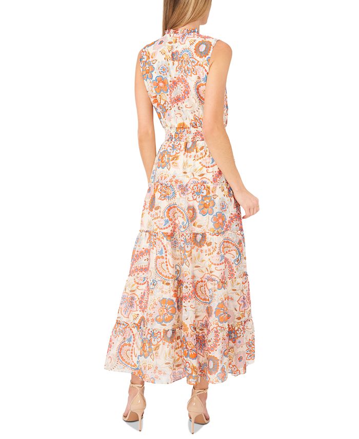 msk sleeveless tie neck tiered maxi dress