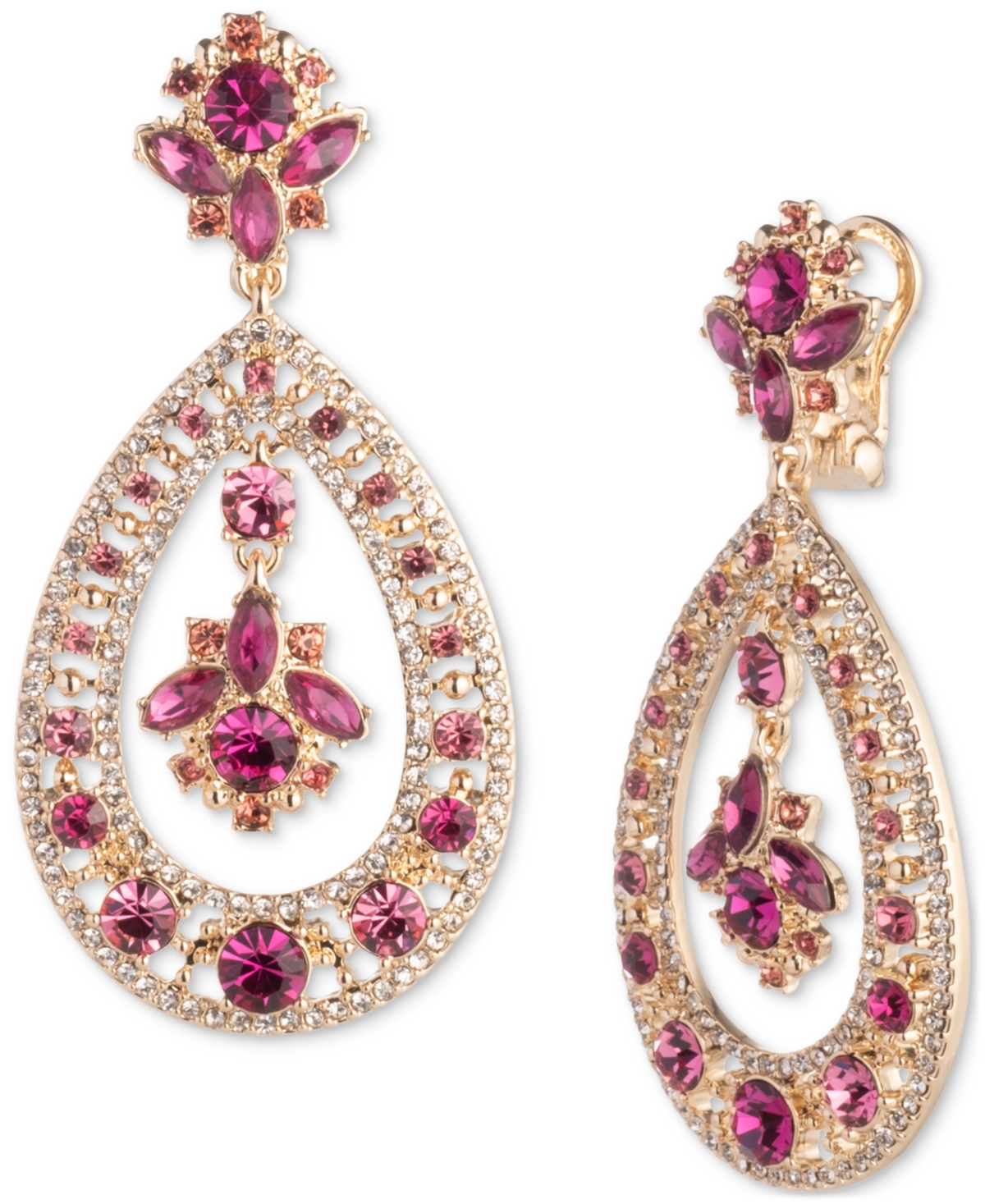 Shop Marchesa Gold-tone Mixed Stone Cluster Orbital Drop Earrings In Pink