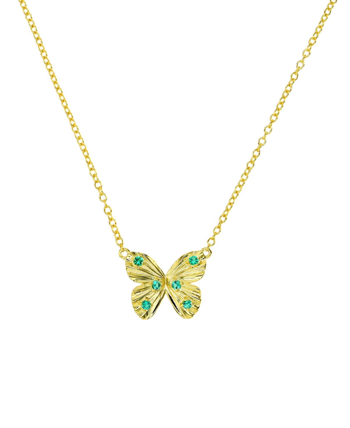 Shop Macy's Lab-grown Emerald Butterfly 18" Pendant Necklace (1/8 Ct. T.w.) In 14k Gold-plated Sterling Silver