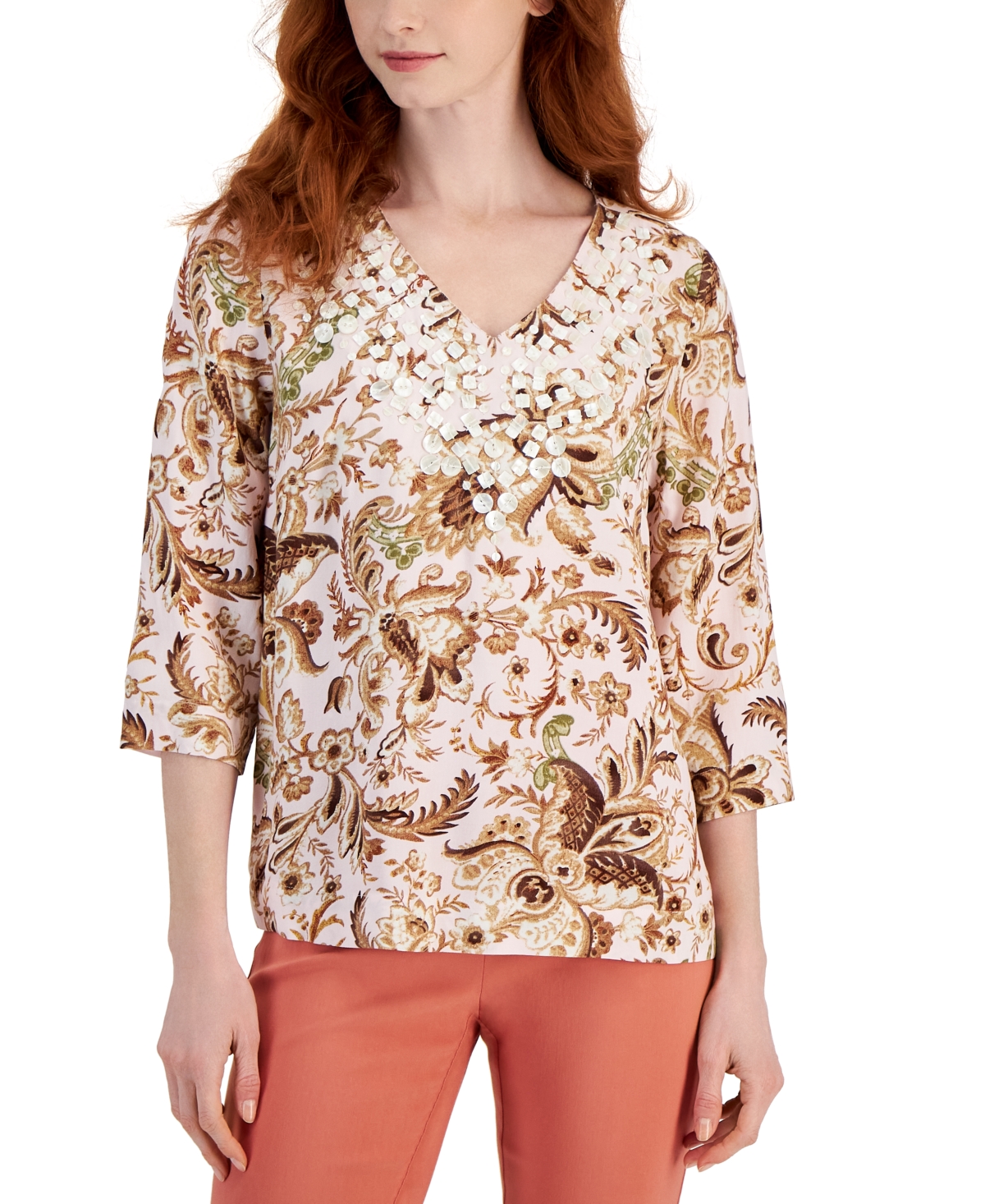 Shop Jm Collection Women's Printed 3/4 Sleeve V-neck Embellished Top, Created For Macy's In Lilac Sky Combo