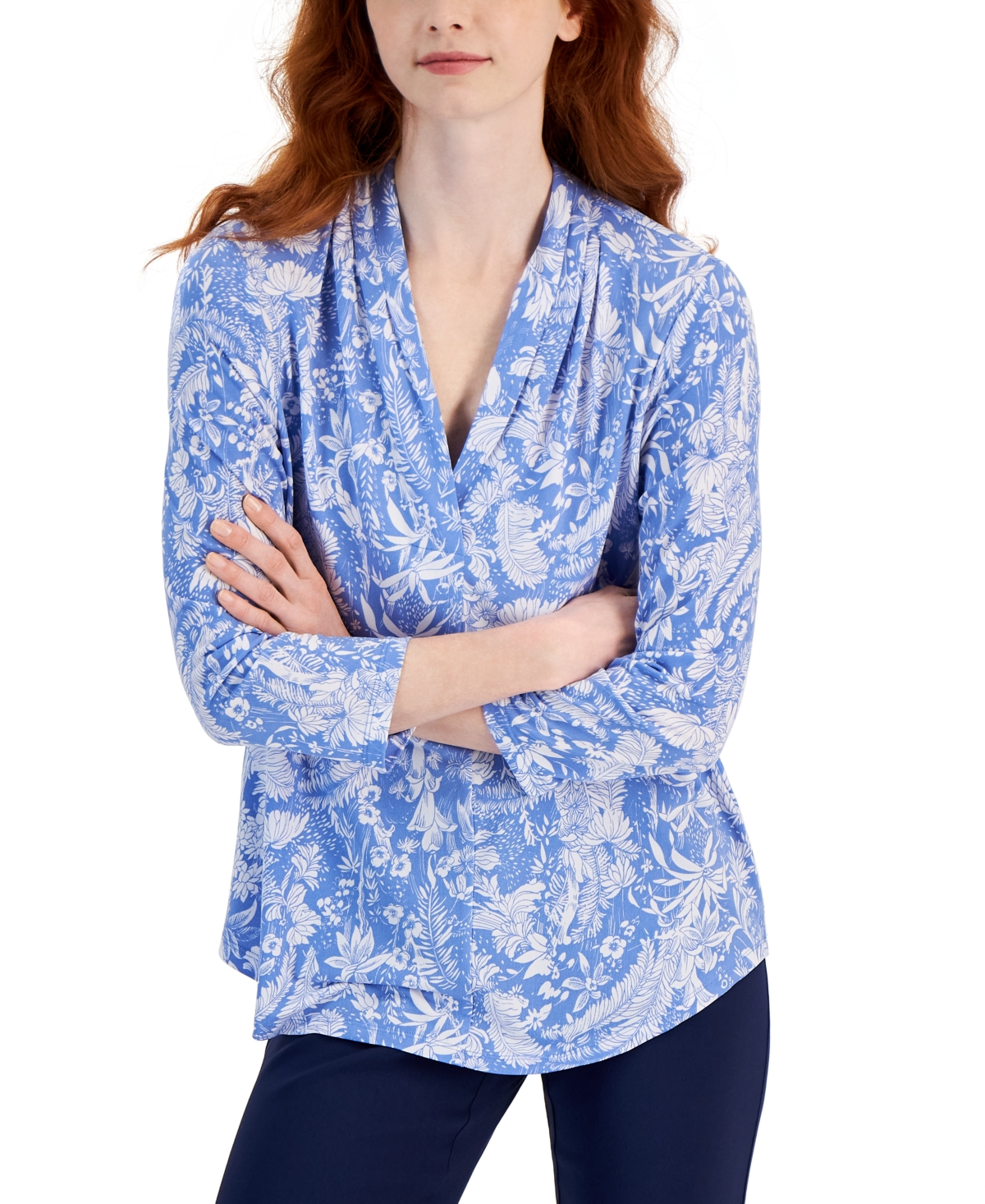 Women's Printed V-Neck 3/4-Sleeve Knit Top, Created for Macy's - Watery Blue Combo