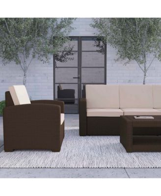 Errol 4 Piece Faux Rattan Patio Furniture Set With 2 Chairs And Sofa With Removable Beige Cushions And Table