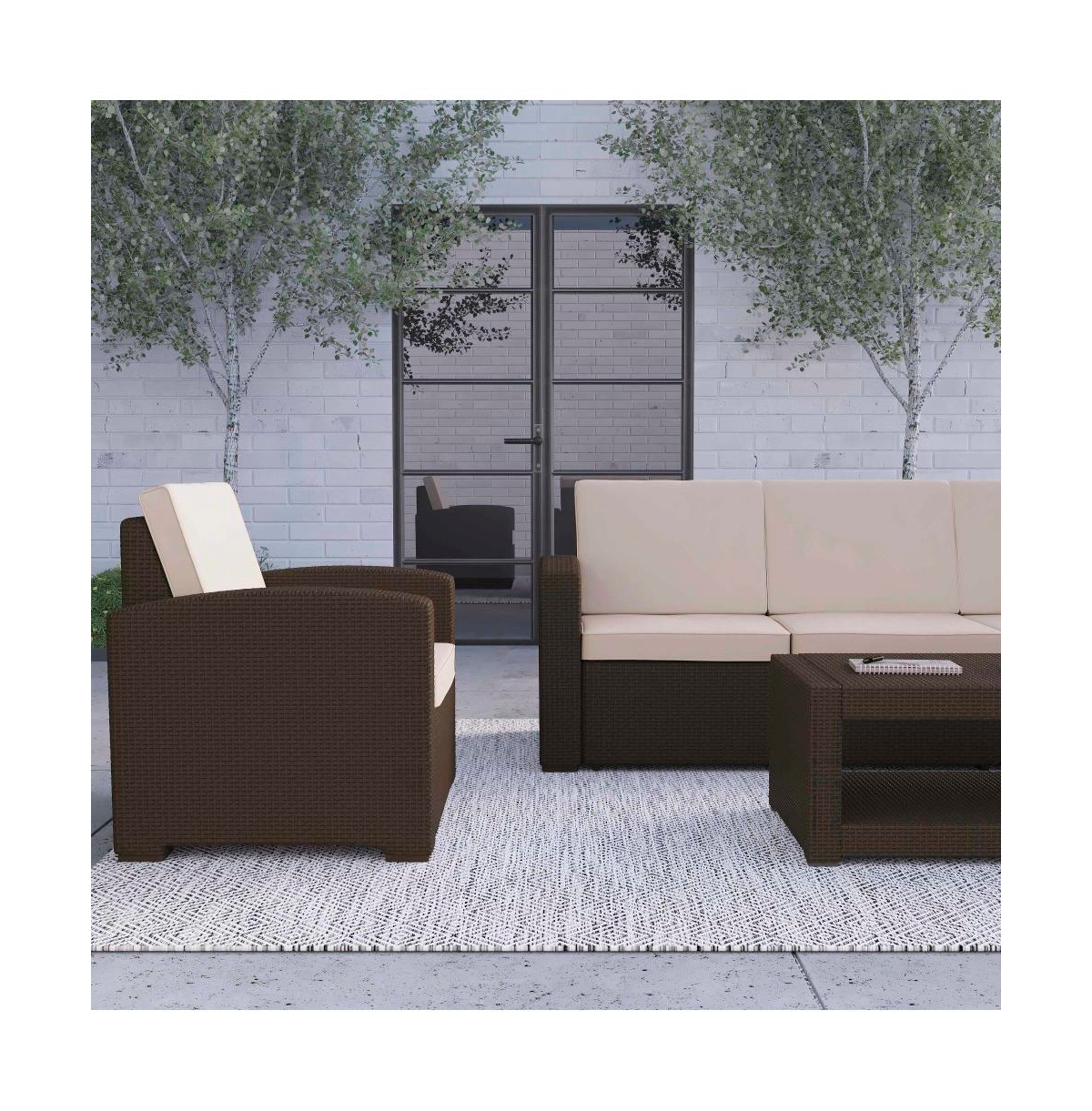 Errol 4 Piece Faux Rattan Patio Furniture Set With 2 Chairs And Sofa With Removable Beige Cushions And Table