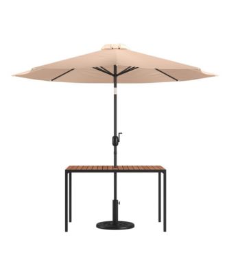 Outdoor Powder Coated Steel Dining Table With Faux Teak Poly Slat Top, 9' Patio Umbrella And Base