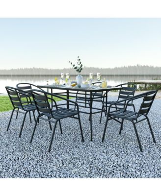 Patio Table & Chairs Set With Rectangular Metal Table With Tempered Glass Top And Stacking Chairs