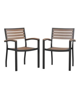 Set Of Two Aluminum Stacking Chairs With Faux Teak Slatted Back And Seat And Faux Teak Accented Arms