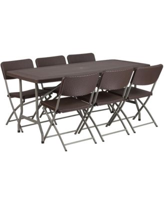5.62-Foot Rattan Indoor-Outdoor Plastic Folding Table Set With 6 Chairs