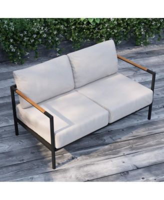 Eastport Outdoor Loveseat With Removable Plush Fabric Cushions And Teak Accented Aluminum Frame