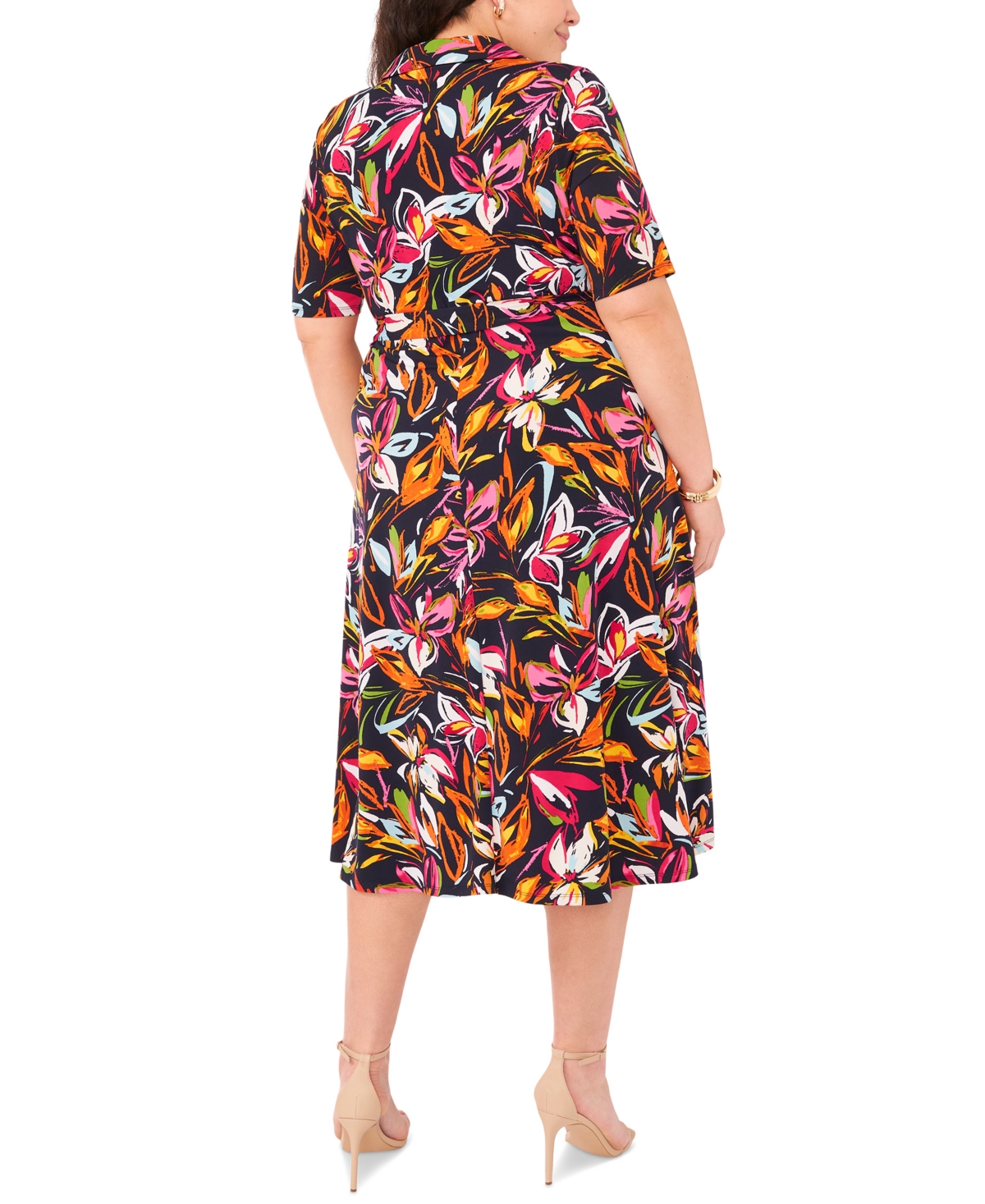 Shop Msk Plus Size Printed Collared V-neck Midi Dress In Navy,pink,gold