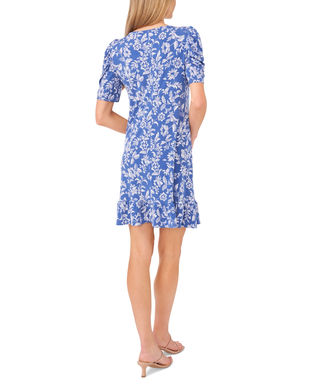 Shop Msk Petite Printed Puff-sleeve Fit & Flare Dress In Jbs Denim