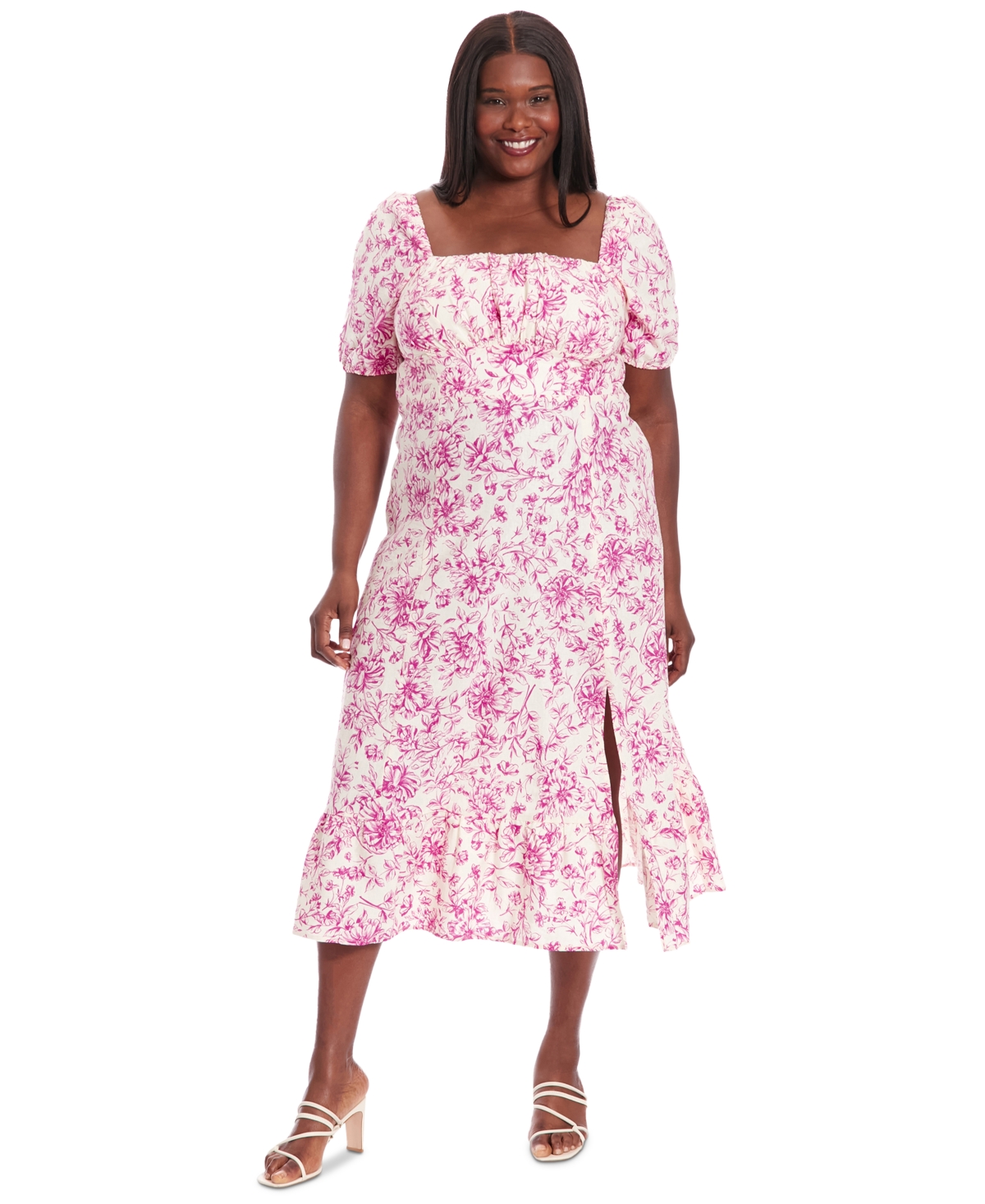 London Times Plus Size Printed Puff-sleeve Maxi Dress In Ivory,pink