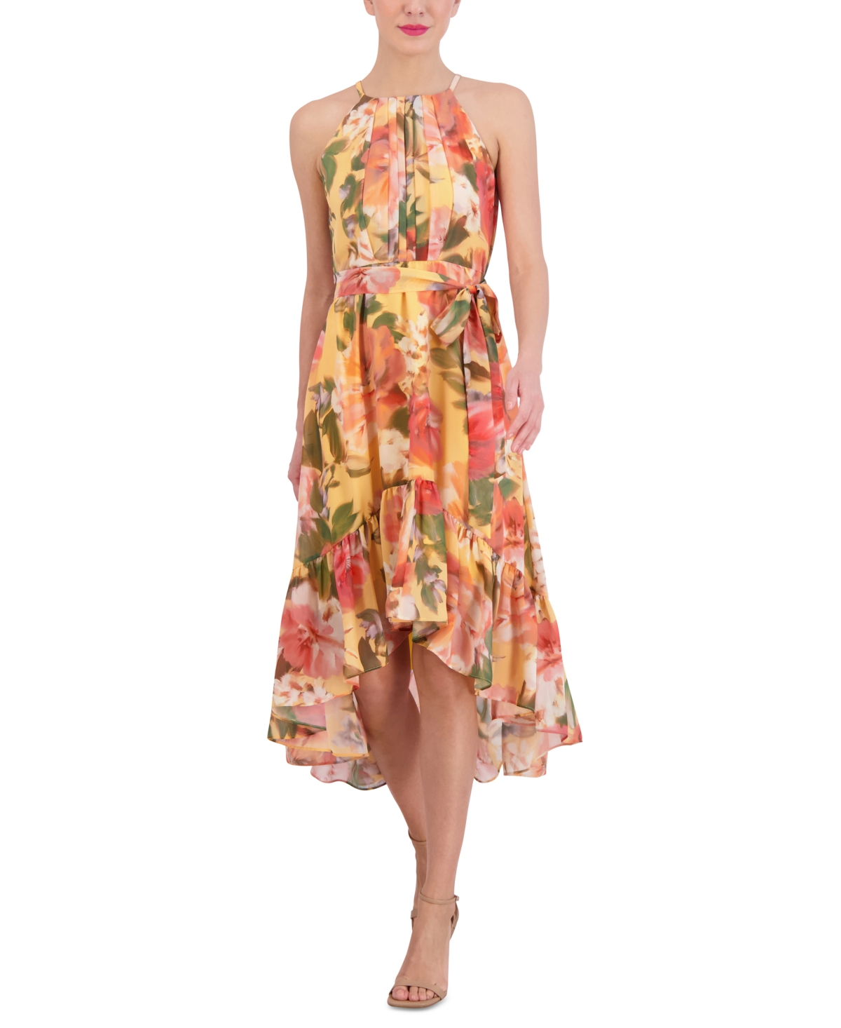 Shop Vince Camuto Petite Printed Chiffon Halter Dress In Yellow