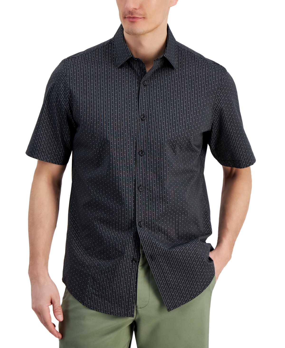 Shop Alfani Men's Regular-fit Yarn-dyed Stripe Clip Dobby Button-down Shirt, Created For Macy's In Deep Black