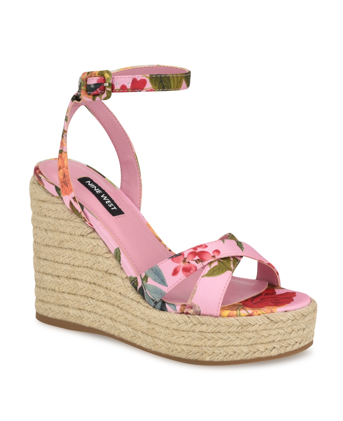 Nine West Women's Earnit Round Toe Ankle Strap Wedge Sandals In Pink Rose Print Satin