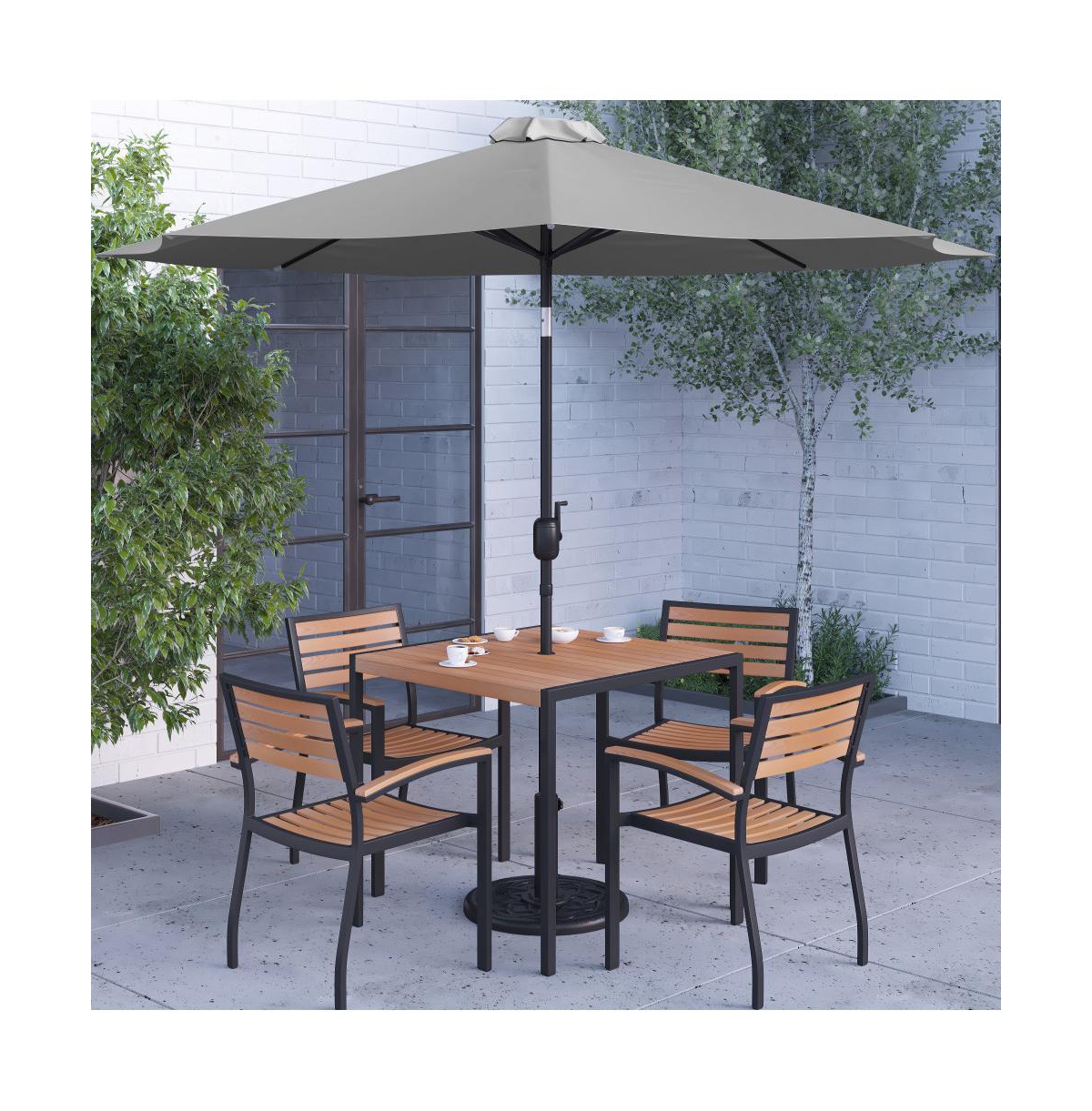 Hampstead Seven Piece Faux Teak Patio Dining Set Includes Table, Four Club Chairs, 9' Umbrella And Base