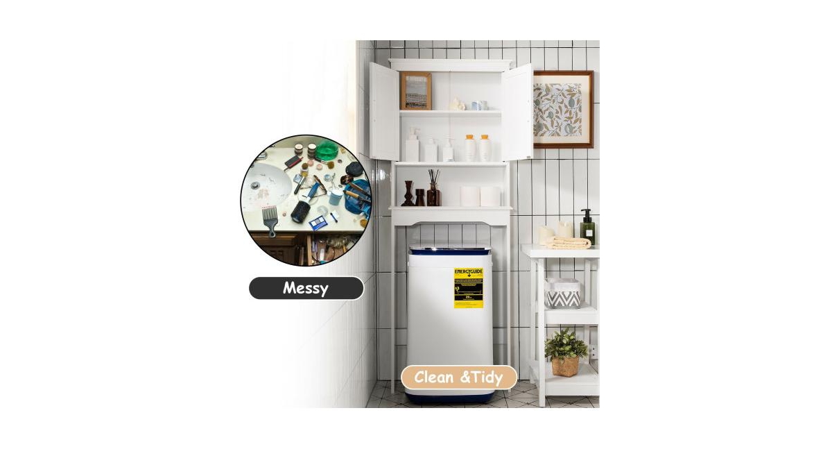 Over the Toilet Storage Cabinet Bathroom Organizer with Adjustable Shelf- White