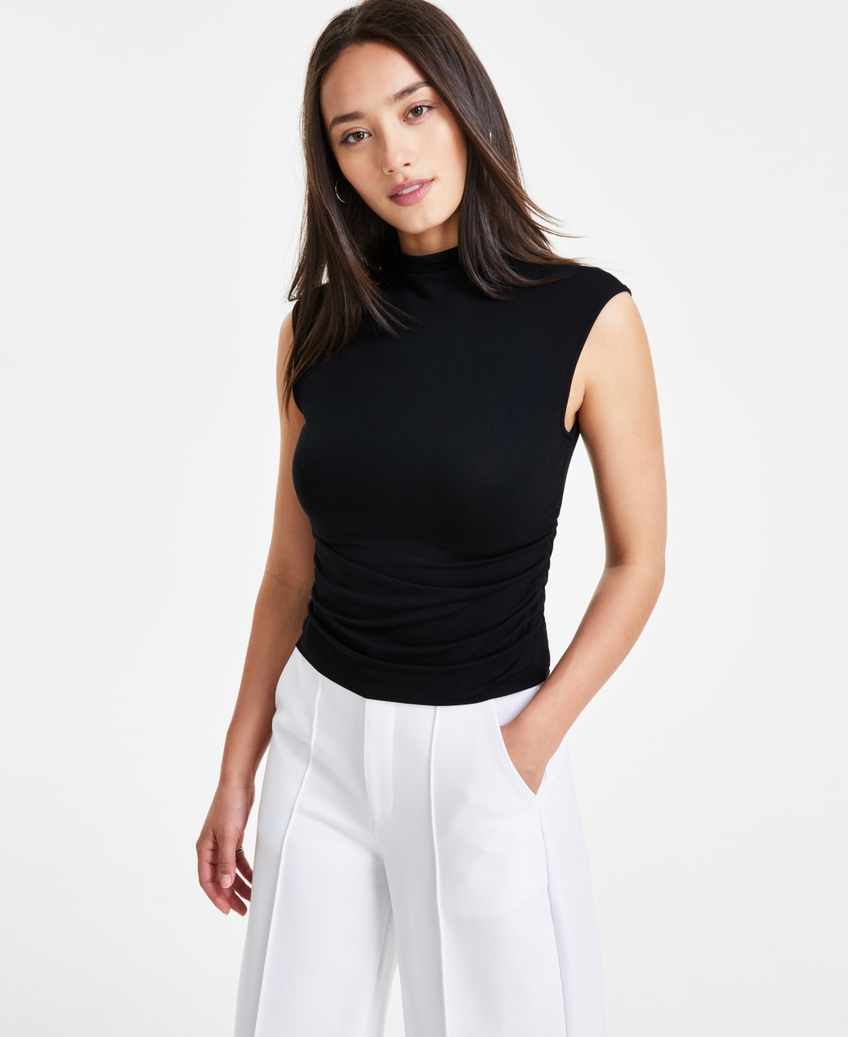 Shop Bar Iii Petite Side-ruched Mock-neck Sleeveless Top, Created For Macy's In Deep Black
