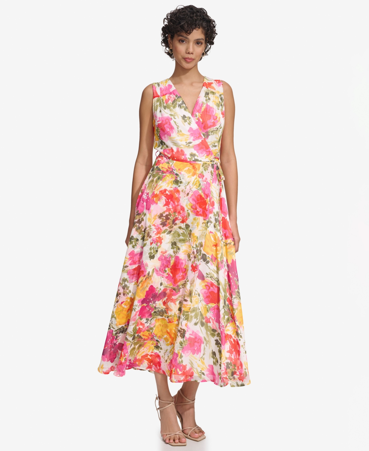 Calvin Klein Plus Size Sleeveless Faux-wrap Midi Dress In Berry Multi