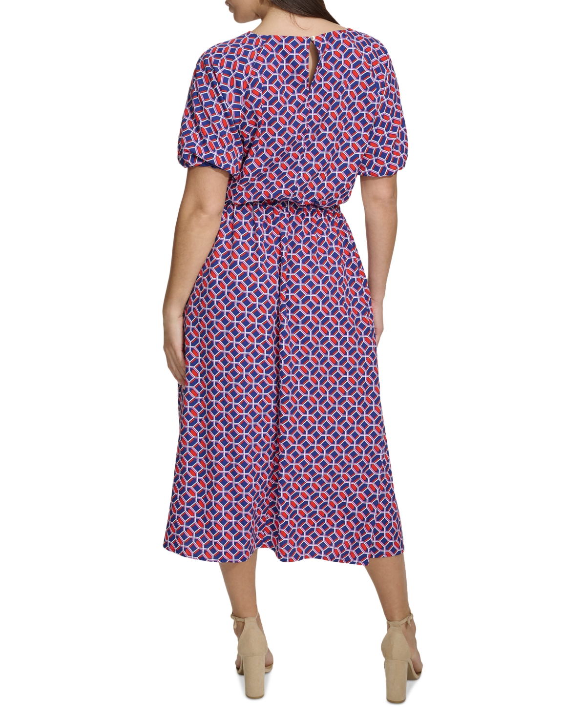 Shop Kensie Women's Geo-print Puff-sleeve Midi 2-pc. Dress In Geomtrc Co