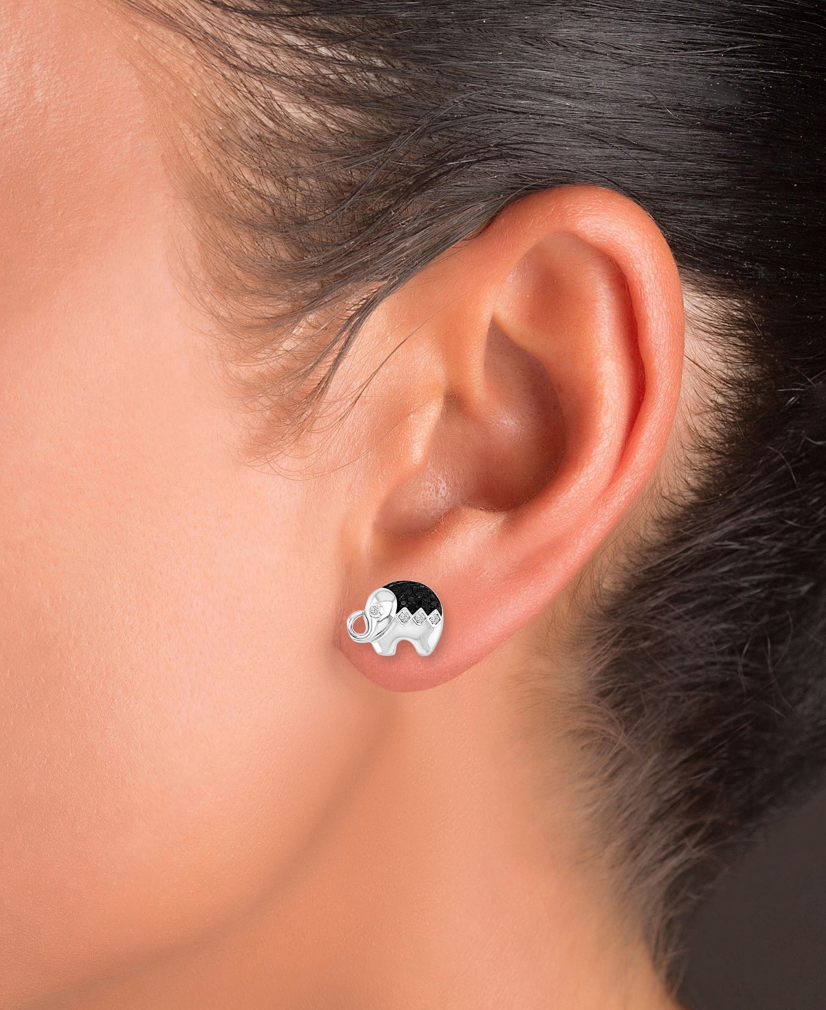 Shop Macy's Black Spinel (1/4 Ct. T.w.) & Lab-grown White Sapphire (1/10 Ct. T.w.) Elephant Stud Earrings In Ste