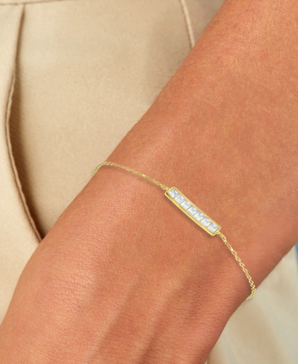Cubic Zirconia Princess-Cut Bar Cable Link Chain Bracelet