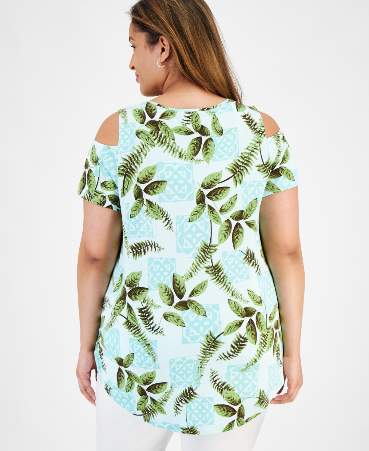 Jm Collection Plus Size Tropical Maze Cold-Shoulder Top, Created for Macy's