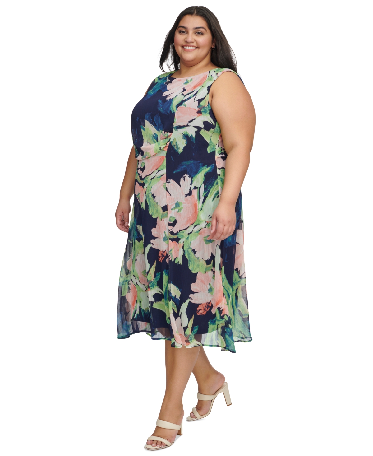 Shop Dkny Plus Size Printed Side-ruched Sleeveless Chiffon Dress In Navy Multi