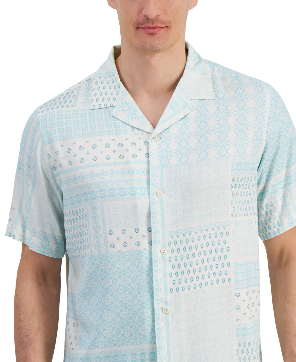 Shop Club Room Men's Patchwork Geo-print Resort Camp Shirt, Created For Macy's In Gentle Lagoon