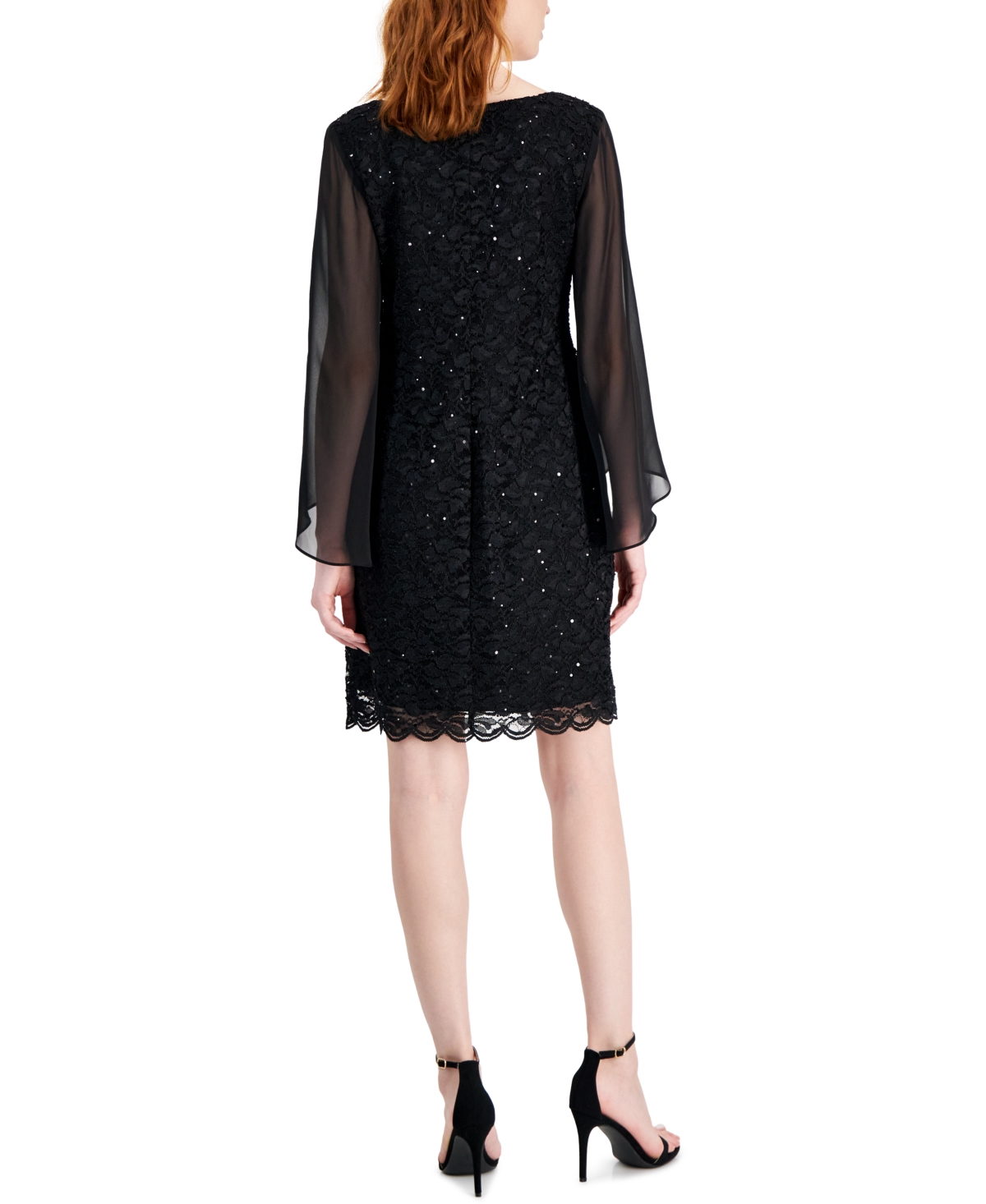 Connected Petite Round-Neck Long-Cape-Sleeve Lace Dress