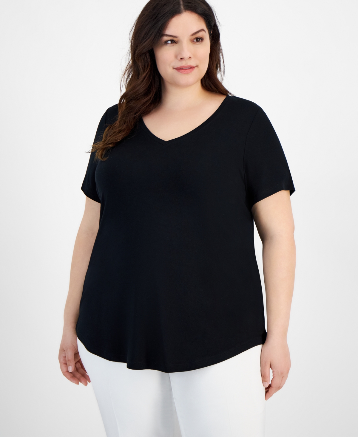 Jm Collection Plus Size V-neck Short-sleeve Top, Exclusively At Macy's In Deep Black