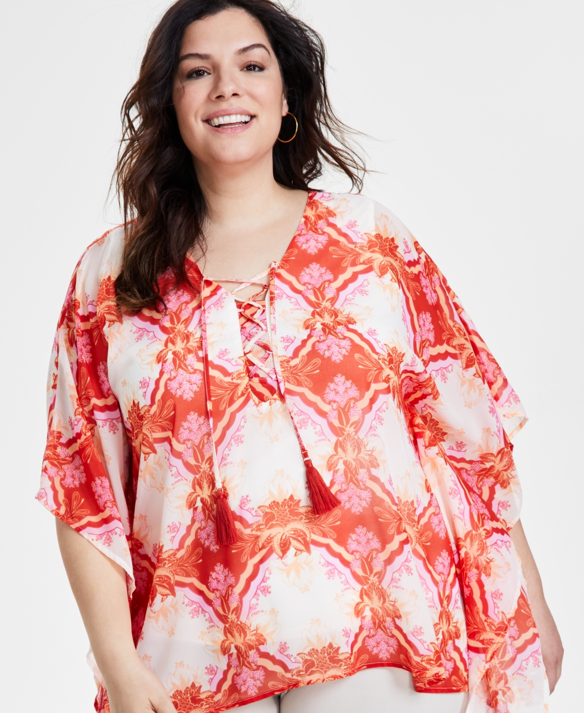 Shop Jm Collection Plus Size Lacey Lush Lace-up Poncho, Created For Macy's In Pumpkin Seed Combo
