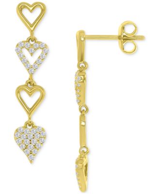Cubic Zirconia Pav&eacute; & Polished Hearts Linear Drop Earrings
