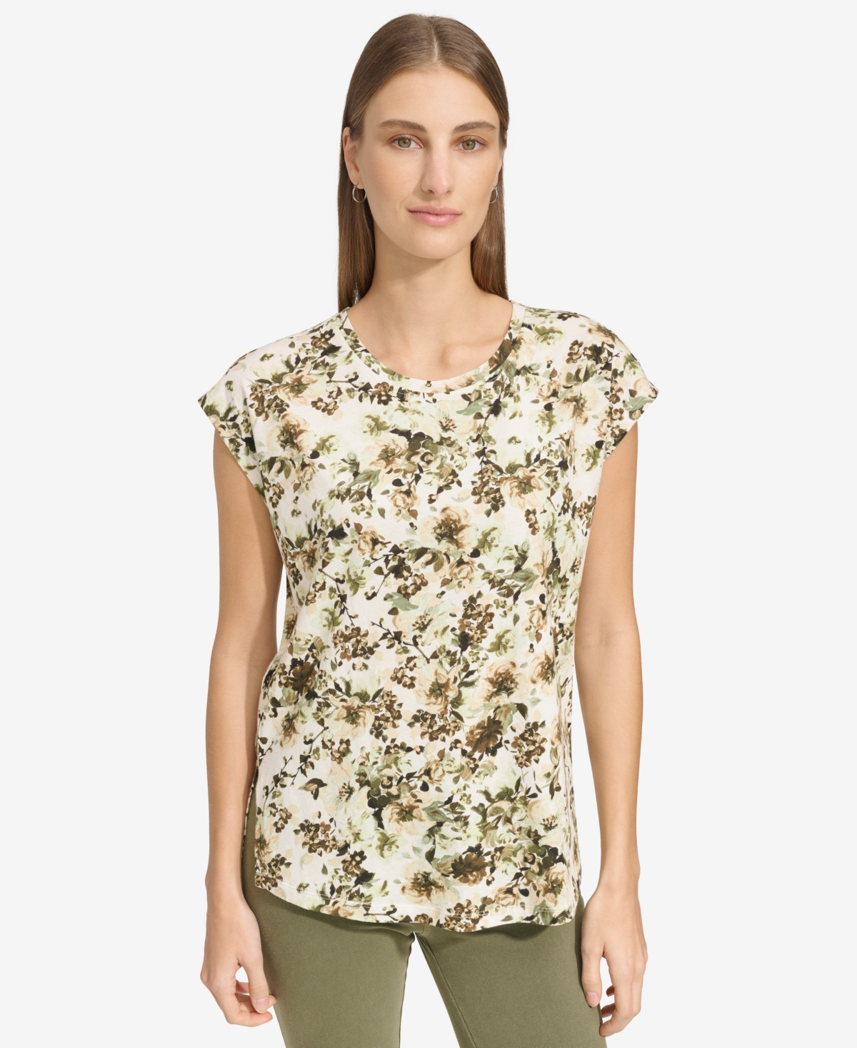 Andrew Marc Sport Women's Cotton Dolman-Sleeve Tee - Forest Green Mixed Floral
