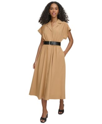 chinese dress ladies Calvin Klein Midi A-Line Ponte Dress with Long Sleeves and Belt Black Cream  2 at Amazon Women's Clothing store