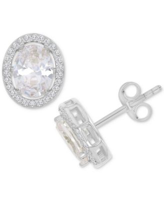 Cubic Zirconia Oval Halo Stud Earrings in Sterling Silver