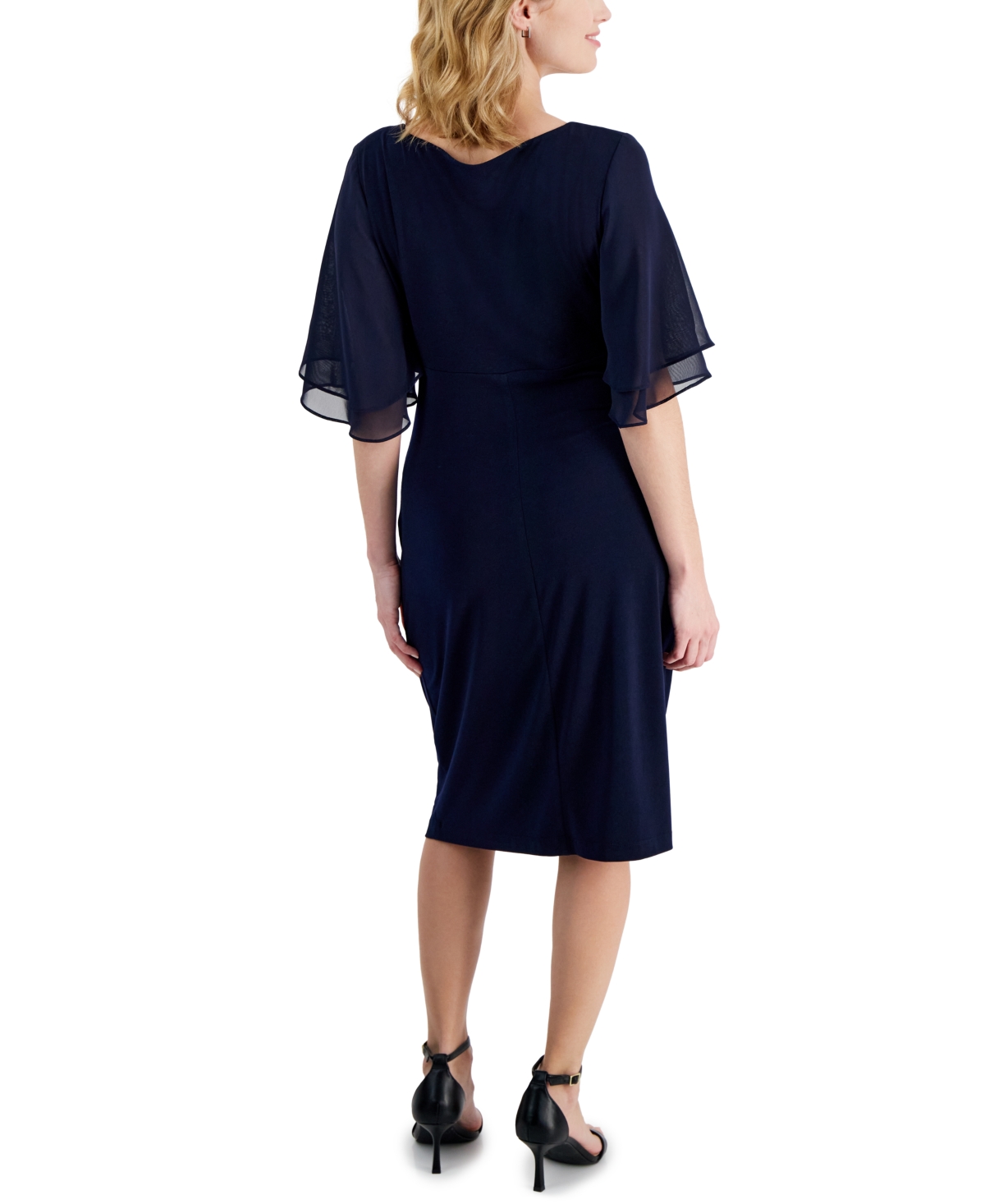 Shop Connected Petite Flutter-sleeve Sheath Dress In Navy