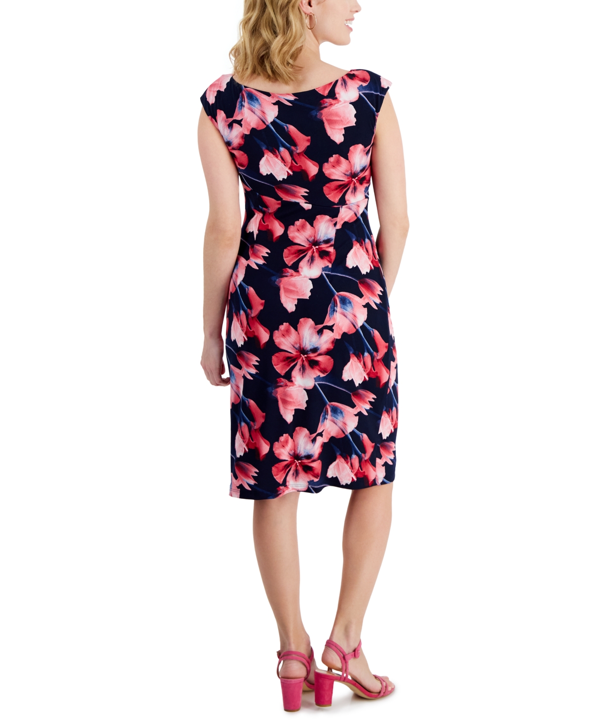 Shop Connected Petite Printed Side-gathered Sheath Dress In Nvy,fus