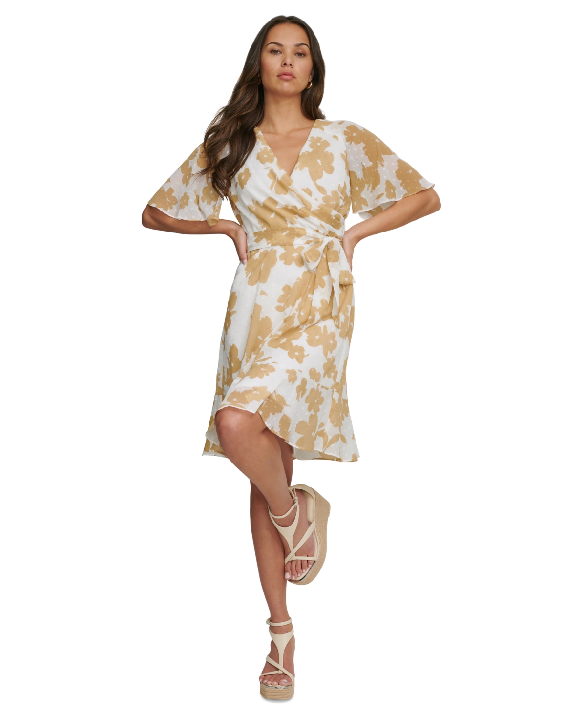 Shop Dkny Petite Printed Faux-wrap Short-cape-sleeve Dress In Ivory,khaki
