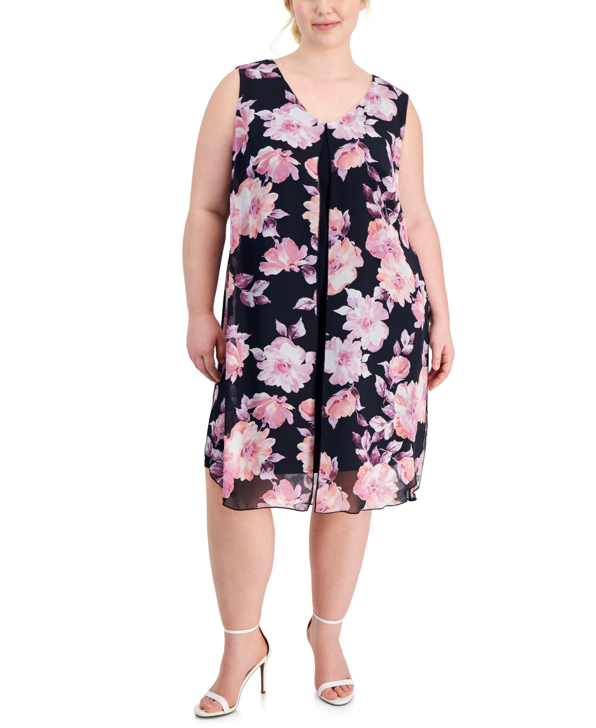 Shop Connected Plus Size Sleeveless Printed Overlay Dress In Navy,mauve