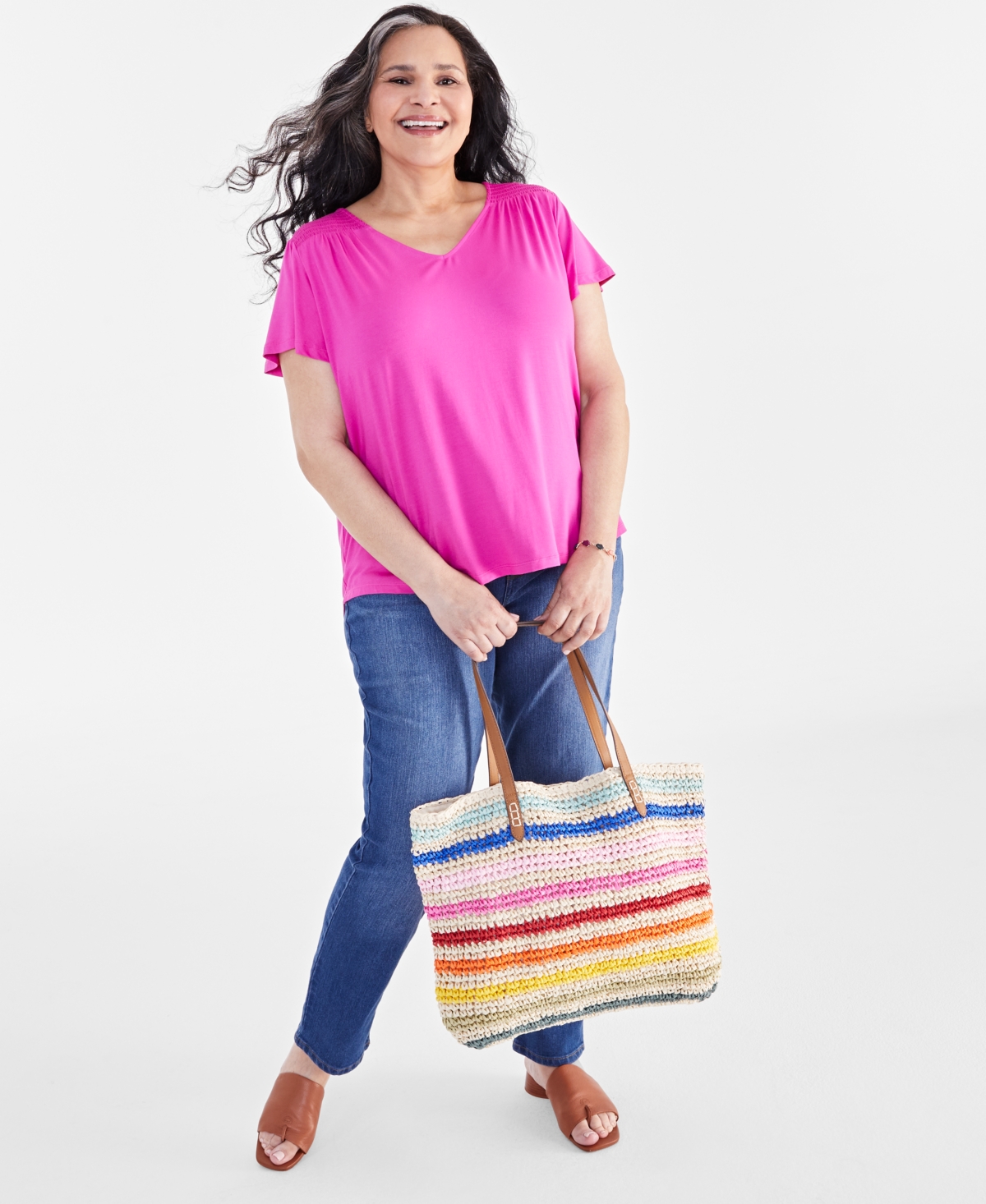Style & Co Plus Size V-Neck Smocked-Shoulder Short-Sleeve Top, Created for Macy's