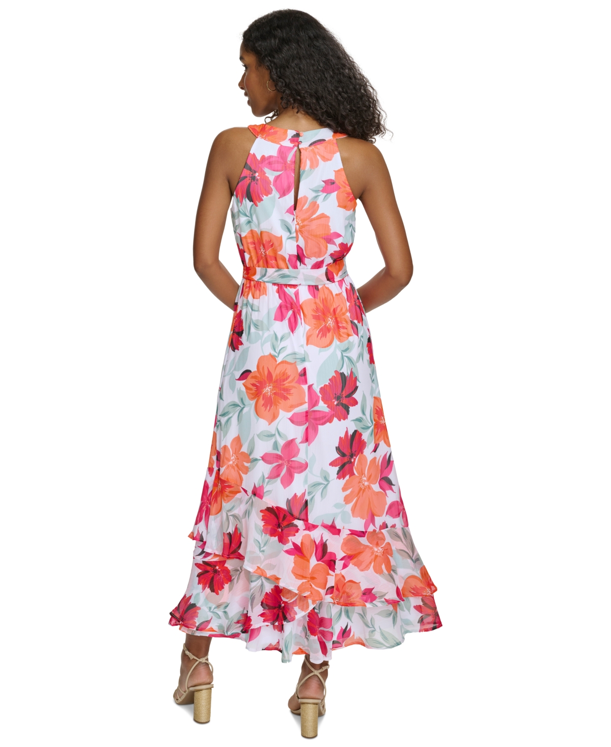 Shop Calvin Klein Women's Floral-print Halter Maxi Dress In White.hibiscus Multi