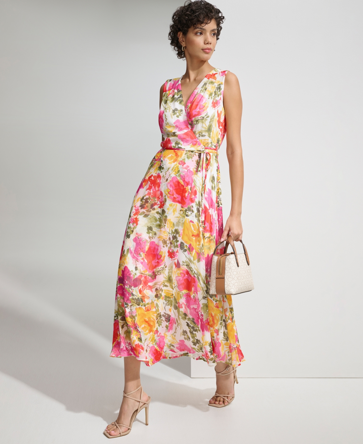 Shop Calvin Klein Women's Printed Chiffon Wrap Dress In Berry Multi
