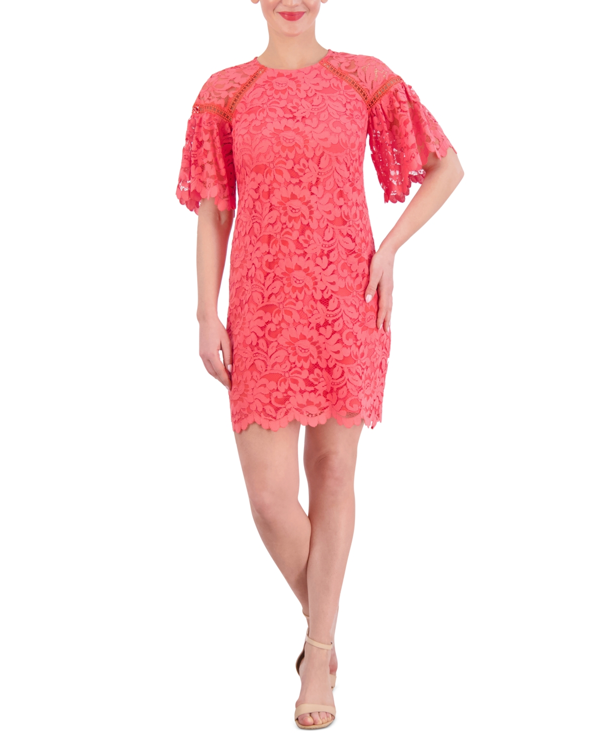 Vince Camuto Women's Lace Flutter-sleeve Shift Dress In Coral