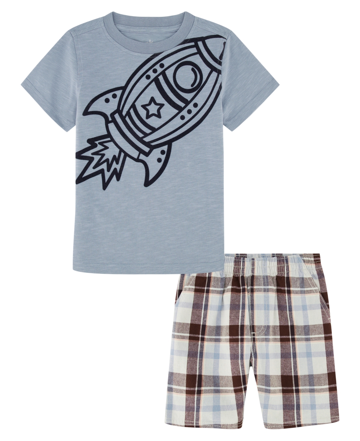 Shop Kids Headquarters Little Boys Rocket Short Sleeve T-shirt And Prewashed Plaid Shorts In Blue,plaid