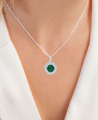2-Pc. Set Lab-Grown Emerald (3 ct. t.w.) & Lab-Grown White Sapphire (1 ct. t.w.) Halo Pendant Necklace & Matching Stud Earrings in Sterling Silver