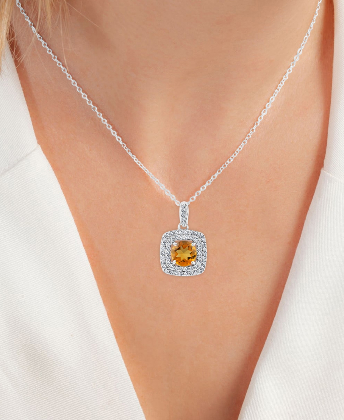 Macy's 2-pc. Set Citrine (2-5/8 Ct. T.w.) & Lab-grown White Sapphire (7/8 Ct. T.w.) Square Halo Pendant Nec In Citrine