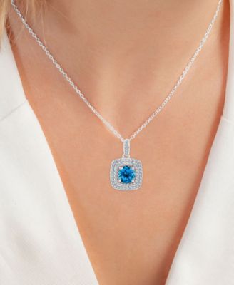 2-Pc. Set Swiss Blue Topaz (3-5/8 ct. t.w.) & Lab-Grown White Sapphire (7/8 ct. t.w.) Square Halo Pendant Necklace & Matching Stud Earrings in Sterling Silver