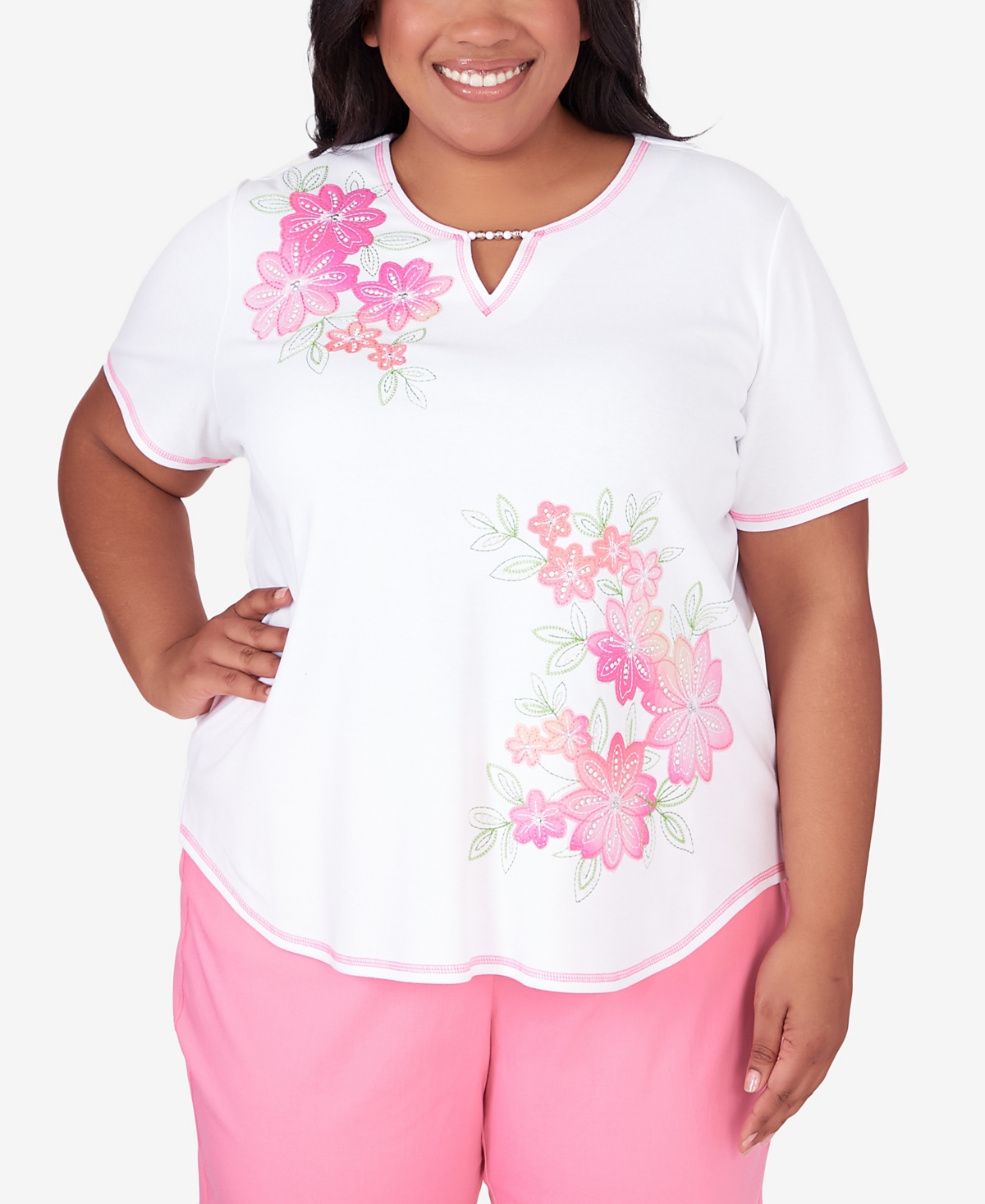 Shop Alfred Dunner Plus Size Miami Beach Short Sleeve Floral Applique Top In Multi