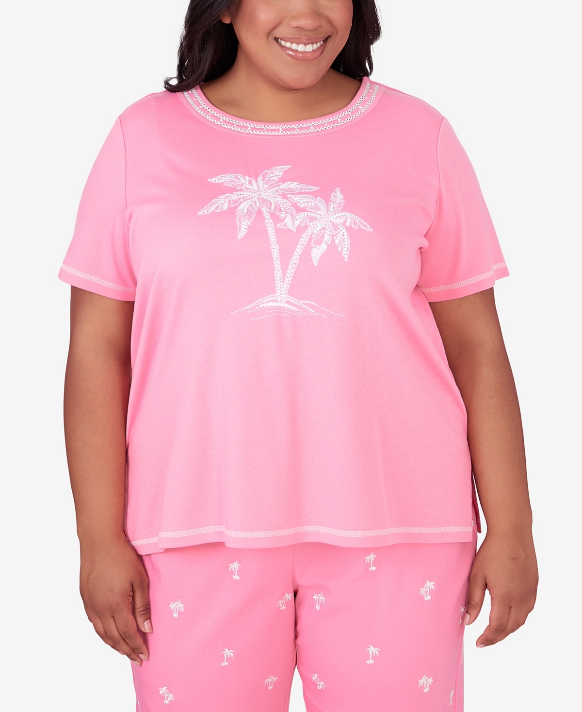 Shop Alfred Dunner Plus Size Miami Beach Embroidered Palm Tree Short Sleeve Top In Pink